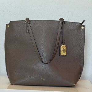 Lauren Ralph Lauren Abby Medium Tote Taupe Olive Gold Hardware